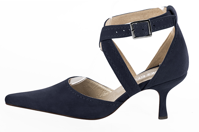 Navy blue women's open side shoes, with crossed straps. Pointed toe. High spool heels. Profile view - Florence KOOIJMAN